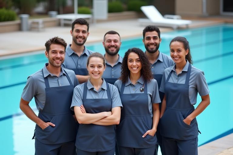 Professional Gulf Aqua Solutions team members standing by a swimming pool