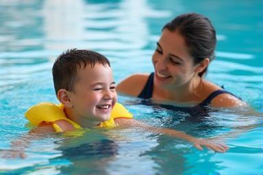 Smiling child learning to swim with a certified instructor