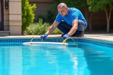 Professional pool cleaner tending to a residential pool