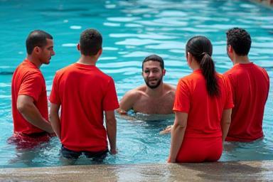 Group of individuals participating in lifeguard training by a pool